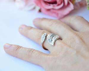 Bague Coquillage Plaqué Argent Oxydé Antique Style Bohème Conception de Feuille d'Olivier - Product Image 3