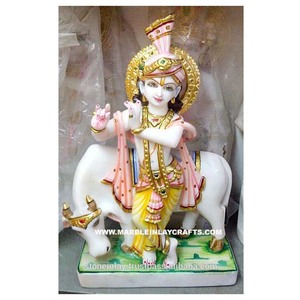Estatua decorativa de mármol con Vaca, Lord Krishna - Product Image 1