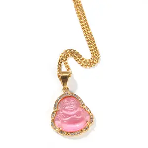 Het sell Fashion Hip Hop zircon Jewelry Pink Maitreya Jade Buddha Necklace Zircon Stones Bling