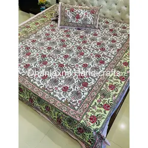 Luxus indischen Großhandel Hand Block Print Baumwolle Bettdecke Set hand gefertigte Bettwäsche Jaipuri Bettlaken mit Kissen
