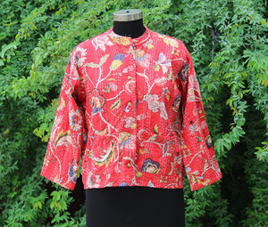 Handmade Reversible Boho Kantha Winter Finished <b>Short</b> Stand Collar Woven Cotton <b>Jacket</b> with Embroidery Decoration - Product Image 4