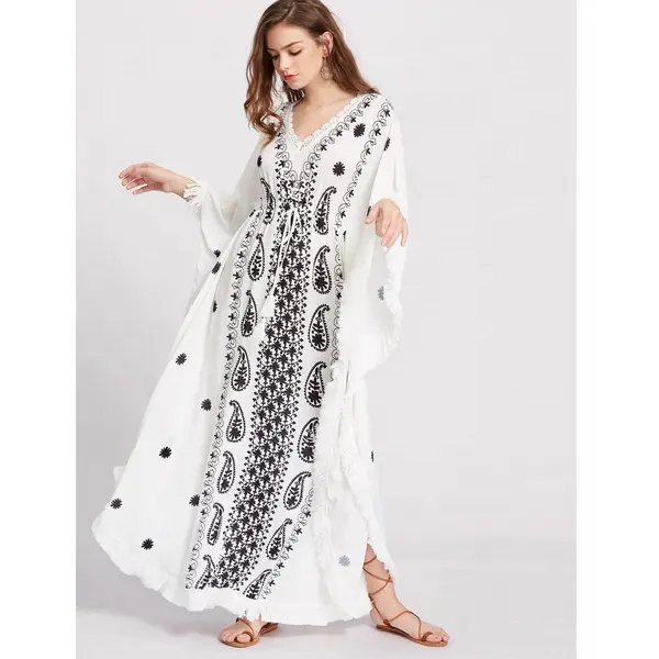 Elegant White & Black Contrast V Neck Fringe Trim Dolman Sleeve Kimono Dress Sexy Long Kaftan Dress