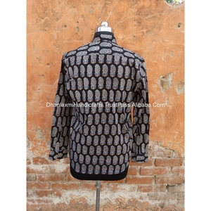 Camisa Negra de playa para hombre, camisa de manga larga con estampado de bloques Ajrakh, 100% algodón, de verano - Product Image 6