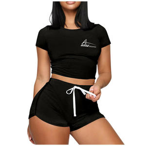 Black Color <b>Short</b> Sleeve <b>Crop</b> <b>Tops</b> with <b>Shorts</b> Gym Fitness Athletics Workout Summer <b>Sets</b> - Product Image 1