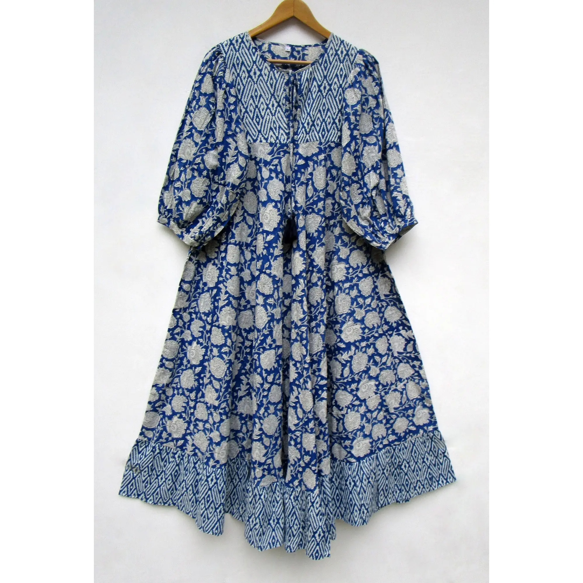 royal blue floral printed cotton hand block design long maxi dress - traditional summer wear maxi dress