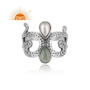Bague en argent Sterling 925 pour homme, anneau de styliste, bijoux en pierre précieuse naturelle, calcédoine et perle, style Boho Antique, vente en gros - Product Image 2