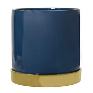 [Ragazzina]- Bloomingville Vaso di Fiori con Piattino Blu Gres-Vasi di Ceramica Per Le Piante D'appartamento-Pot de fleur-Casa Fioriera