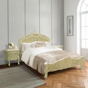 Ivory Elegance Rococo Style: Handcrafted King-Size Solid Mahogany Wood Bed with Ornate Detailing