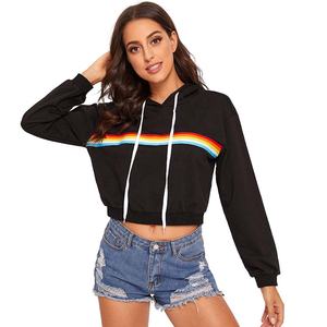 Sweat-shirt à capuche court pour femme, de haute qualité, personnalisé, noir, à manches longues, avec rayures arc-en-ciel, 100% coton, pour l'hiver, de la marque PIHA SPORTS, disponible en ligne - Product Image 5