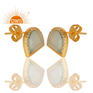 White Zircon Aqua Chalcedony Earring Half Moon Designer Gold Plated 925 Silver Stud Earrings Jewelry Supplier - Product Image 2