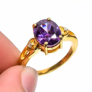 迷人的天然紫水晶/白色锆石宝石925纯银青少年礼品18k金朱砂椭圆形切割紫水晶戒指