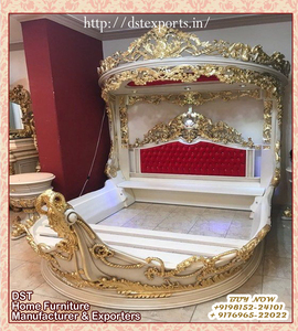 Ensemble de meubles de chambre à coucher en teck moderne avec lit rond sculpté royal, finition dorée et blanche de luxe, durable, DST EXPORTS - Product Image 3