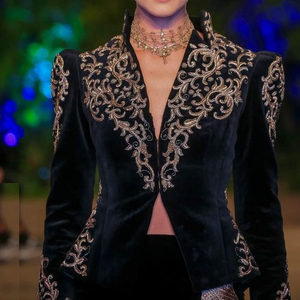 NEWLY---DESIGN OF HEAVY EMBROIDERY OF DABKA,CRYSTAL BEADS,GLASS STONE <b>WORK</b> ON <b>BLACK</b> VELVET JACKET WITH STYLISH <b>PANT</b> DRESS @2022 - Product Image 1