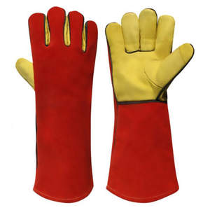 Gants de soudage rouges longue 14 pouces, industriels m m, résistant à la chaleur, Argon TIG, cuir de vache fendu, vente en gros - Product Image 1