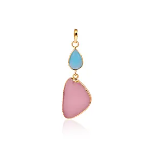 蓝色玉髓和粉色猫眼宝石项链梨形宝石镀金礼品珠宝模式乔伊N-068