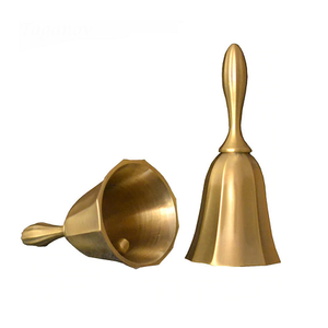 Set Of 2 Gold Plated Brass Hand <b>Bells</b> Trending Design Round Shape Hand <b>Bell</b> With Wooden Handles In Bulk - Product Image 2