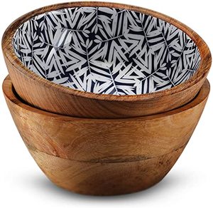 Bols en bois faits à la main avec motif de feuilles noires et blanches, design moderne pour servir les aliments, offrir en cadeau - Product Image 1