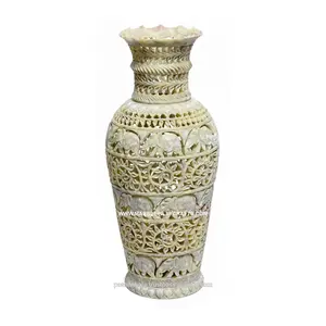 Jarrón de flores tallado de esteatita, maceta decorativa tallada de piedra india