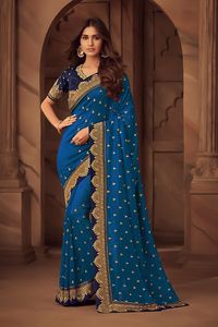 Oficina Banarasi Saree Surat corte recto indio listo para fiesta desgaste bordado trabajo encaje borde alfanumero - Product Image 5