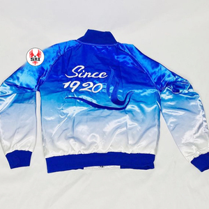 Veste bomber en satin sublimée de la sororité Zeta Phi Beta, lettres grecques, bleu or, 100% polyester satin. - Product Image 2