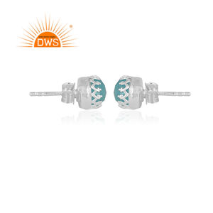 925 <b>Solid</b> Sterling <b>Silver</b> Women's Stud <b>Earrings</b> Jewelry Manufacturer Aqua Chalcedony Gemstone Round Shape <b>Earrings</b> Jewelry - Product Image 3
