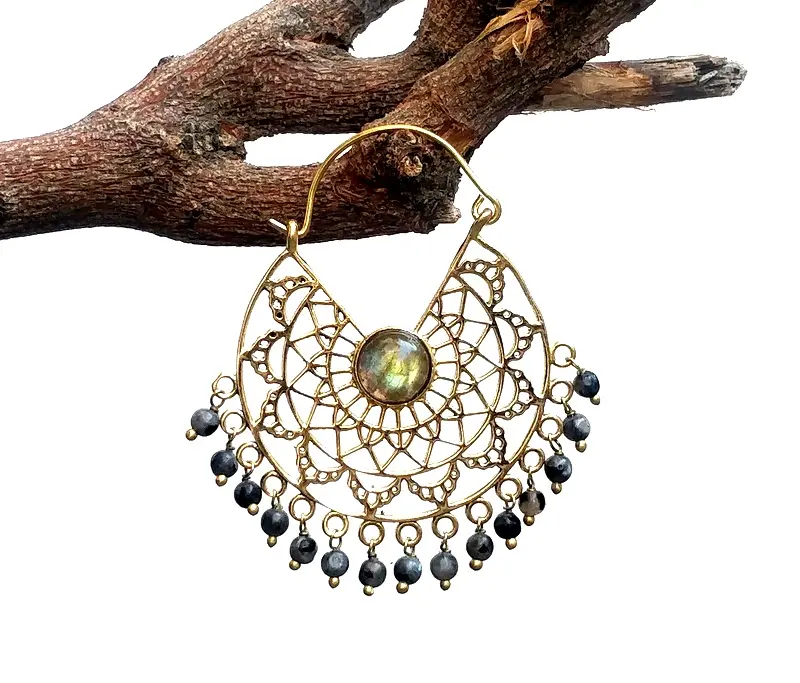 Semi-Precious Stone Hoop Earring Gold Color Beads Earring for Finish Women Earring