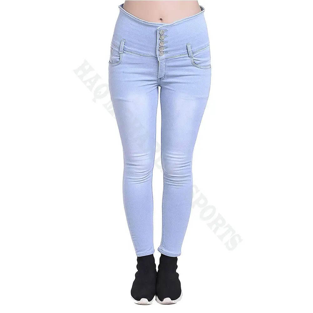 Celana Panjang Jeans Wanita, Celana Jeans Elastis Regang Pinggang Tinggi Warna Polos Grosir