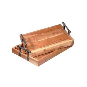 Bandeja de dulces de madera maciza con asas de hierro Bandeja de servicio de té y café de forma rectangular de la mejor calidad a granel - Product Image 4