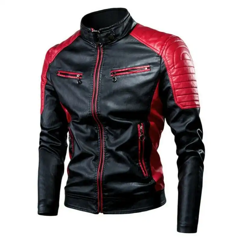 Wholesale Multi side pockets goat leather Zipper Black and red Collar Men Motorcycle Leather Jacket Hot sale products