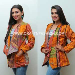 Plus Size Vintage Quilted Kantha Silk Patchwork Reversible Bohemian <b>Shrug</b> <b>Jacket</b>-Hand Embroidery - Product Image 3