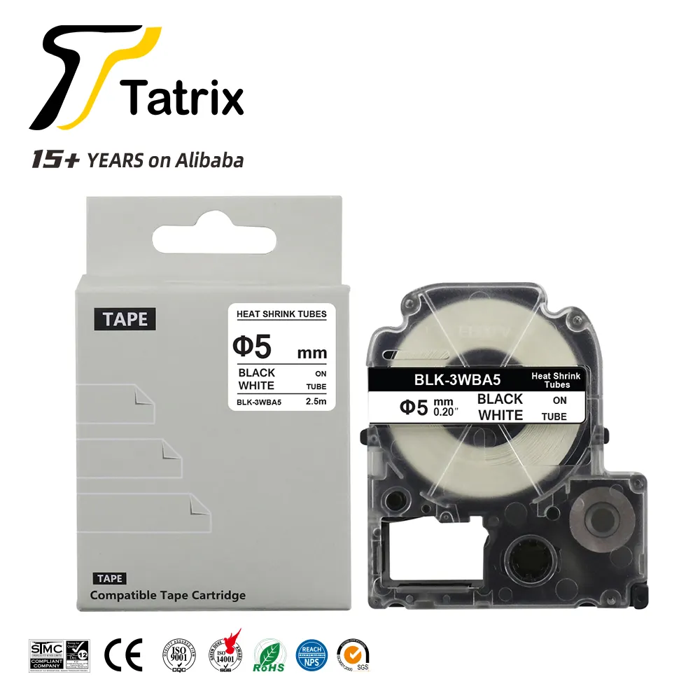 Tatrix LK-4WBA5/SU5 BLK-3WBA5/BU5S di Calore Del Tubo Termoretraibile Etichetta Nastro Adesivo Nero su Bianco Compatibile per Epson & Re jim Stampante di Etichette