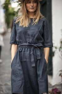 Vestido de lino para mujer, color azul marino, moderno, a la moda, de último diseño, color gris oscuro, cuello redondo, manga corta, mini. - Product Image 2