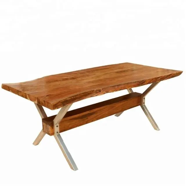 Mobiliário industrial moderno metal pernas borda ao vivo slab madeira acácia sólida mesa de jantar