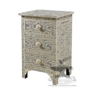 โต๊ะข้างสามลิ้นชักดีไซน์แบบฝรั่งเศสกระดูกสีเทาและฝังสำหรับรับประทานอาหารห้องนั่งเล่นห้องครัวบ้านบ้านไร่โรงแรมอพาร์ทเมนท์ - Product Image 3