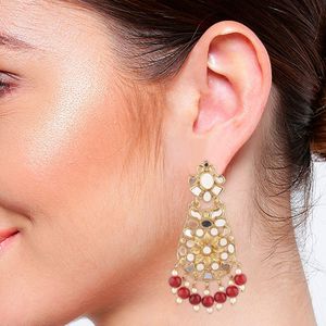 Ensemble de boucles d'oreilles pendantes à la mode indienne, pierre de verre florale en cristal avec fausse perle de style bijoux marron - Product Image 3