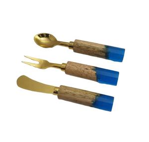 Ensemble de couverts en acier plaqué cuivre, couleur bleu, résine bleue, manche en bois craquelé - Product Image 4