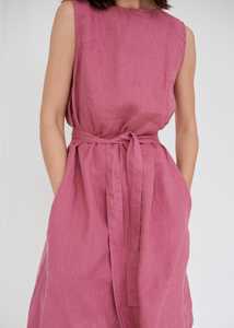 Latest design 2026 dark pink color crepe fabric o-neck without print sleeveless knee-length for women linen <b>dress</b> - Product Image 2