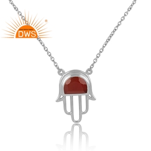 Collar de Plata con Diseño de Mano de Hamsa, Gema de Ónix Rojo Natural, Cadena de Plata Esterlina, Proveedor de Collares con Colgante - Product Image 2