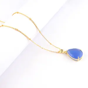 Zeva jewels new trendy woman fashion 24k gold plated faceted blue chalcedony prong set pendant adjustable beaded chain necklace
