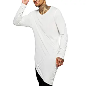 Легкий дизайн 100, Бамбуковая футболка, Супердлинная футболка с длинным рукавом, с глубоким круглым вырезом и асимметричным подолом, однотонная окрашенная футболка для мужчин