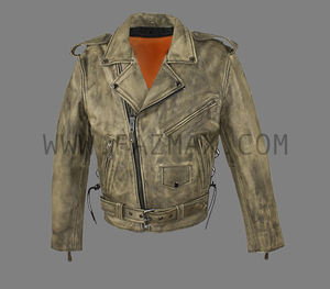 Veste de moto en cuir de vache vieilli pour hommes, grande taille, lacets latéraux en cuir noir délavé, fermeture éclair, imperméable et respirant - Product Image 3