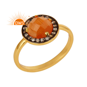 CZ Peach Moonstone Anillo de piedras preciosas Ronda Plata esterlina Chapado en oro Anillos de plata Fabricante Proveedor Colección vintage - Product Image 1