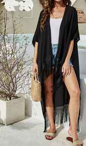 Maxi vestido caftán de gasa de algodón sólido Vintage para mujer, hasta el suelo de manga corta Kimono, decoración de encaje tejido con tinte de corbata Natural - Product Image 2