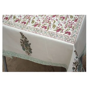 Handmade Floral Indian Cotton Hand Block Printed white base Table Cloth 6 seater and 8 seater