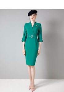 Vestido de oficina moderno para mujer, prenda verde de lujo con escote en V, cintura, tres cuartos de longitud, talla grande, nueva colección - Product Image 5