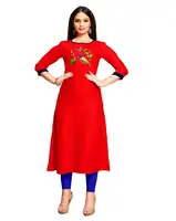 Mawar Merah Warna Yang Indah Kedatangan Baru Desainer Terbaru Lengan Biasa Leher Perahu Kurti untuk Pakaian Kasual Wanita India dan Pakistan