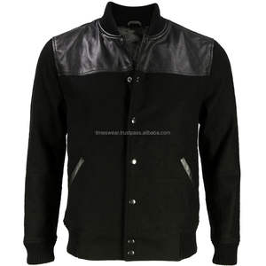 <b>Black</b> Wool and Lambskin Leather Varsity Baseball Jacket with <b>Button</b> Decoration Plus Size Breathable Winter Season Comfortable - Product Image 1