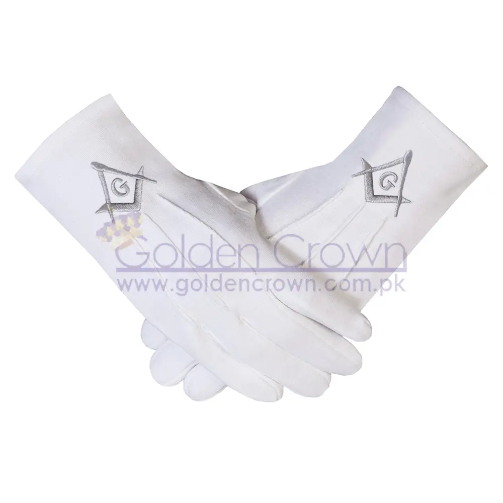 シルバー刺繍スクエアコンパスとG SC & Gの綿のフリーメーソンフリーメーソン手袋 | フリーメーソンレガリアパレードグローブサプライヤー