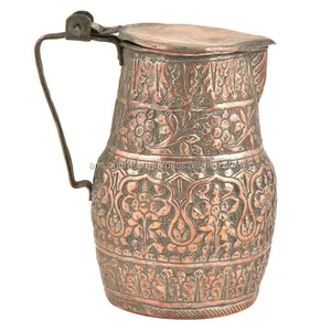 Royal Design Copper Pitcher Attached Lid Industrial Embossed Design Decorative Copper Pitcher Jug High Quality