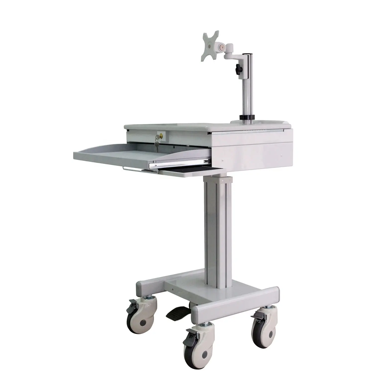 Chariot médical avec bras LCD, station de travail, chariot d'ordinateur, moniteur d'hôpital, un moniteur, espace de rangement pour ordinateur portable verrouillable